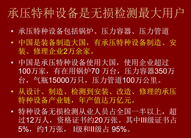 承壓特種設備包括鍋爐、壓力容器、壓力管道，承壓特種設備是無檢測最大用戶 
